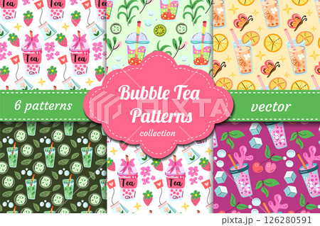 Cute and playful bubble tea vector patterns with tapioca pearls, drinks, straws, fruit and sweets. Great for packaging, fabric, stationery and Kawaii-themed designs. Cute and playful bubble tea vector patterns with tapioca pearls, drinks, straws, fruit and sweets. Great for packaging, fabric, stationery and Kawaii-themed designs. 126280591