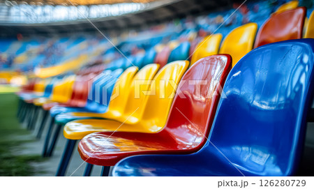 Row of colorful chairs are lined up in a stadium 126280729