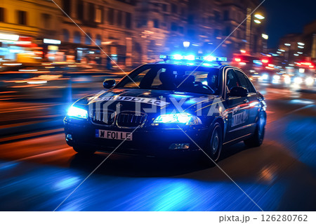 BMW police car is driving down a street at night 126280762