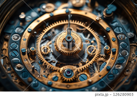 Close up of a clock with a gold and blue face 126280903
