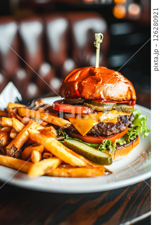 The burger is topped with cheese and lettuce, and the fries are golden brown 126280921