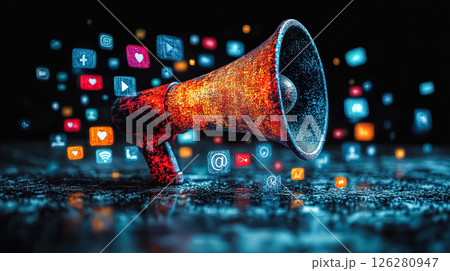 Large red microphone is surrounded by a colorful array of icons 126280947