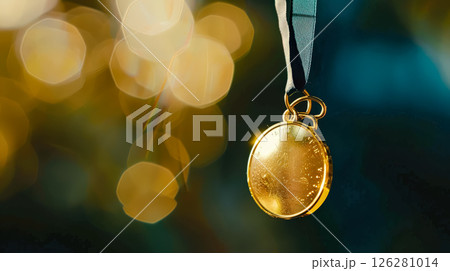 Gold colored charm hanging from a string 126281014