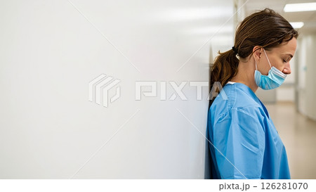 Nurse Resting Head Against Hospital Wall After 12 Hour Shift Nurse Resting Head Against Hospital Wall After 12 Hour Shift 126281070