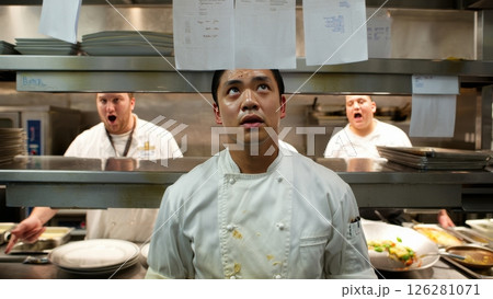 Overwhelmed Chef in Kitchen During Rush Hour Overwhelmed Chef in Kitchen During Rush Hour 126281071