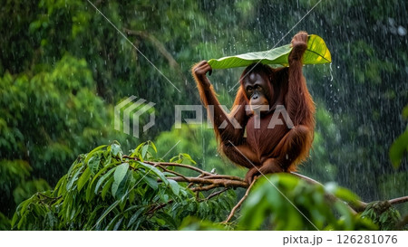 Orangutan Using Leaf as Umbrella During Tropical Rainstorm 126281076