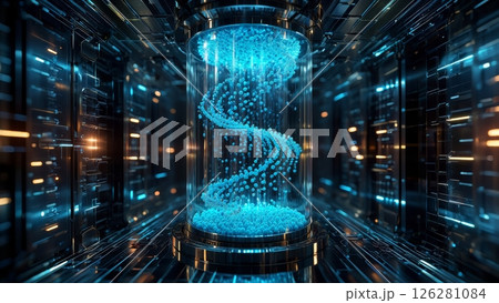 Quantum Computing Core: Glowing Data Particles in a Futuristic Chamber 126281084