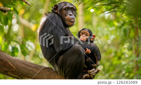 Mother Chimpanzee Cradling Baby Under Canopy Shade Mother Chimpanzee Cradling Baby Under Canopy Shade 126281089
