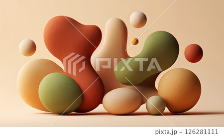 Abstract 3D blobs in earthy tones (orange, green, beige) with soft, plush textures on a beige background. Organic, smooth forms create a harmonious, modern, and tactile composition. Abstract 3D blobs in earthy tones (orange, green, beige) with soft, plush textures on a beige background. Organic, smooth forms create a harmonious, modern, and tactile composition. 126281111