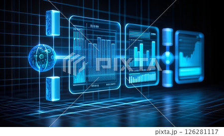 Futuristic Holographic UI: Floating Blue Neon Interface with Data Streams 126281117