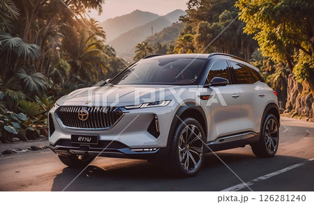 White car with the letters PY on the front. It is parked on a road in a forest 126281240