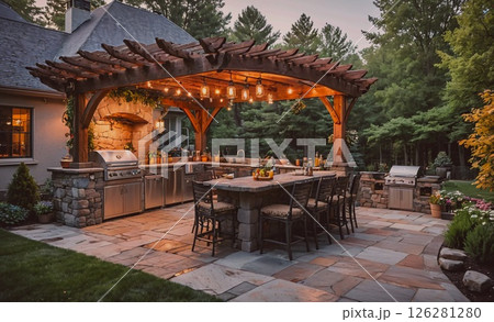 Large outdoor patio with a wooden pergola and a stone kitchen. The patio is lit up with lights and has a large dining table with chairs 126281280