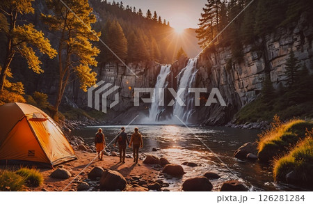 Group of people are walking near a waterfall and a yellow tent. The scene is peaceful and serene, with the sound of the waterfall and the beauty of nature surrounding the group 126281284