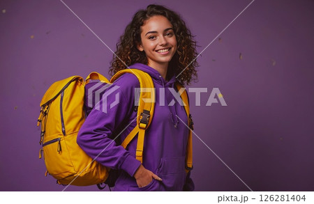 Young woman with curly hair is wearing a purple hoodie and a yellow backpack. She is smiling and she is happy Young woman with curly hair is wearing a purple hoodie and a yellow backpack. She is smiling and she is happy 126281404