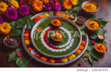 Green tray with a colorful design and a variety of spices on it. The tray is surrounded by flowers and leaves, creating a festive and inviting atmosphere 126281455