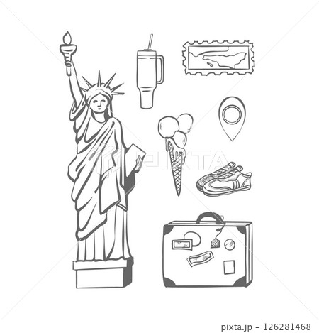 New York vector drawing, hand drawn outline, sketch style, isolated elements. Statue of Liberty USA and travel elements. Vector illustration. New York vector drawing, hand drawn outline, sketch style, isolated elements. Statue of Liberty USA and travel elements. Vector illustration. 126281468