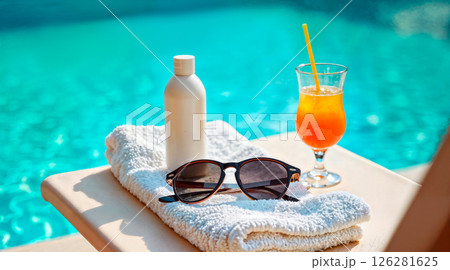 Closeup of towel and black protective sunglasses, goggles, fresh orange juice smoothie cocktail 126281625