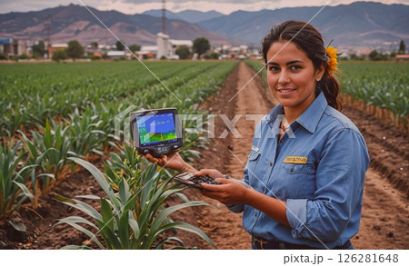 Woman is standing in a field holding a tablet. She is smiling and she is enjoying her work 126281648