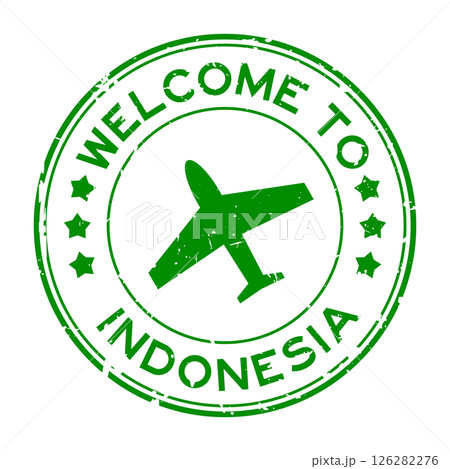 Grunge green welcome to indonesia with airplane icon round rubber seal stamp on white background 126282276