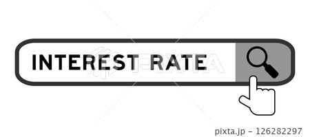 Search banner in word interest rate with hand over magnifier icon on white background Search banner in word interest rate with hand over magnifier icon on white background 126282297