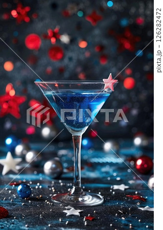 USA Independence Day, Celebratory 4th of July beverage, berry cocktail decorated with stars, dark background, vertical banner USA Independence Day, Celebratory 4th of July beverage, berry cocktail decorated with stars, dark background, vertical banner 126282472