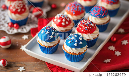 Festive American flag cupcakes with mixed berries and white chocolate stars for Independence Day party 126282479