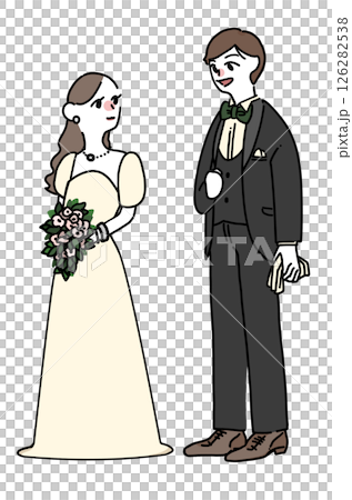 ウェディングイラスト:挙式日見つめ合う新郎新婦 ウェディングイラスト:挙式日見つめ合う新郎新婦 126282538