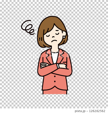 一位年輕女職員閉著眼睛思考的向量插圖_線寬可編輯_顏色 126282562