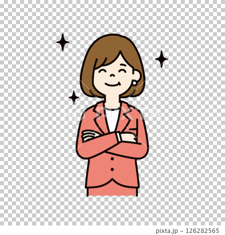 向量插圖：一位年輕女職員面帶滿意的微笑_線寬可編輯_顏色 126282565