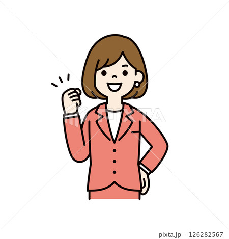 笑顔でガッツポーズをする、若い女性会社員のベクターイラスト素材＿線幅の編集可能＿カラー 126282567