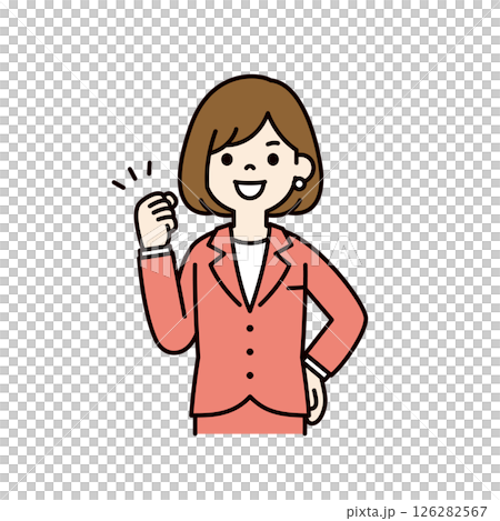 笑顔でガッツポーズをする、若い女性会社員のベクターイラスト素材＿線幅の編集可能＿カラー 126282567
