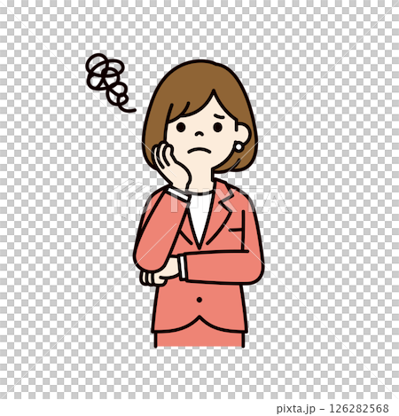 向量圖：一位年輕女職員雙手摀臉，一臉憂心忡忡_線寬可編輯_顏色 126282568