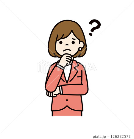 顎に手をあてて悩む、若い女性会社員のベクターイラスト素材＿線幅の編集可能＿カラー 126282572