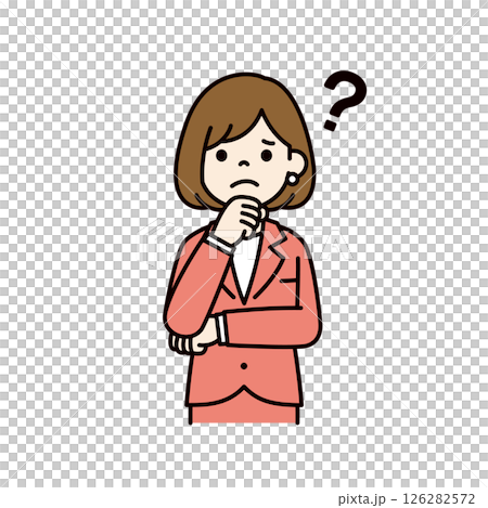 顎に手をあてて悩む、若い女性会社員のベクターイラスト素材＿線幅の編集可能＿カラー 126282572