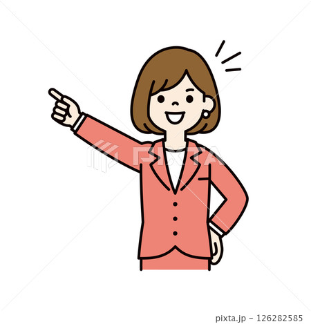 笑顔で目標を指さす、若い女性会社員のベクターイラスト素材＿線幅の編集可能＿カラー 126282585