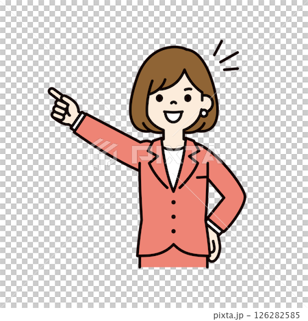 笑顔で目標を指さす、若い女性会社員のベクターイラスト素材＿線幅の編集可能＿カラー 126282585