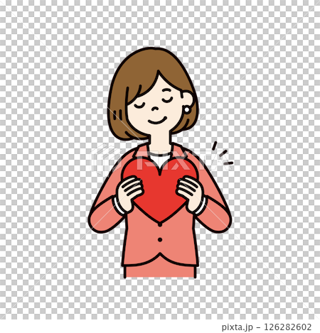 胸にハートを抱く、若い女性会社員のベクターイラスト素材＿線幅の編集可能＿カラー 126282602