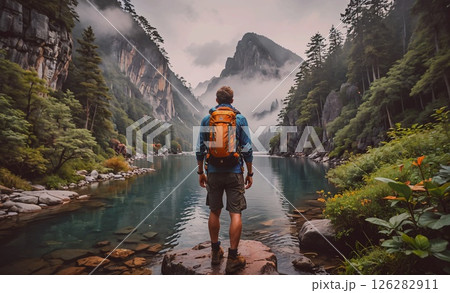 Man stands on a rock overlooking a river. He is wearing a blue jacket and orange backpack. The scene is peaceful and serene, with the man taking in the beauty of nature 126282911