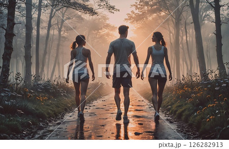 Three people are walking down a path in the woods. The man is wearing a white shirt and shorts, and the two women are wearing white tank tops 126282913