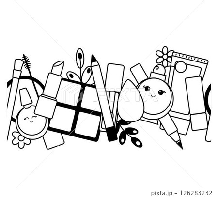 Makeup beauty tools Seamless horizontal border. Vector graphic line illustration. Black and white cute cosmetic makeup art. background for banners, print for fabric, labels, t-shirt printing. Makeup beauty tools Seamless horizontal border. Vector graphic line illustration. Black and white cute cosmetic makeup art. background for banners, print for fabric, labels, t-shirt printing. 126283232
