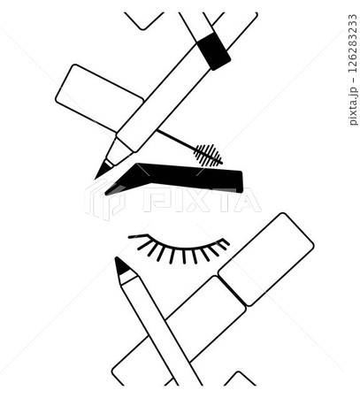 Eye makeup Seamless Vertical border. Vector graphic line illustration. Black and white cute cosmetic makeup art. Banner, poster, wrapping paper, sticker, print, modern textile design. 126283233