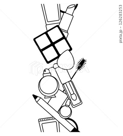 Decorative cosmetics Seamless Vertical border. Vector graphic line illustration. Black and white cute cosmetic makeup art. Layout with makeup products for visage. For logo, web, package, sticker. Decorative cosmetics Seamless Vertical border. Vector graphic line illustration. Black and white cute cosmetic makeup art. Layout with makeup products for visage. For logo, web, package, sticker. 126283253