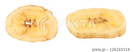 Dried banana chips isolated on white background with full depth of field. Top view. Flat lay Dried banana chips isolated on white background with full depth of field. Top view. Flat lay 126283319
