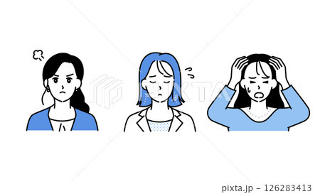 悩み・混乱・不安を表すビジネス女性3人のイラストセットB 126283413