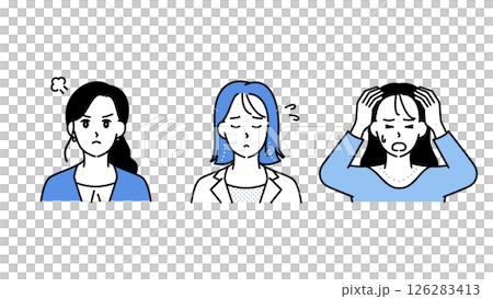 悩み・混乱・不安を表すビジネス女性3人のイラストセットB 126283413