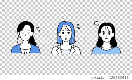 Illustration set C of three business women expressing worries, confusion, and anxiety 126283418