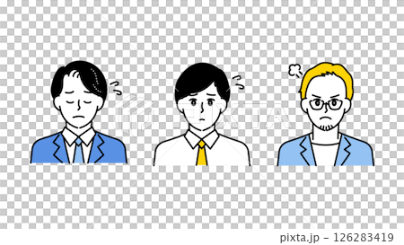 Illustration set D of three business men expressing worries, confusion and anxiety 126283419