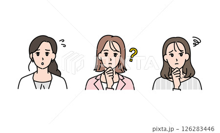 戸惑う・悩む・考えこむ3人の女性の表情セット(ビジネスシーン)A2 戸惑う・悩む・考えこむ3人の女性の表情セット(ビジネスシーン)A2 126283446