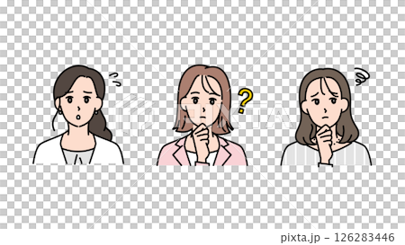 戸惑う・悩む・考えこむ3人の女性の表情セット(ビジネスシーン)A2 戸惑う・悩む・考えこむ3人の女性の表情セット(ビジネスシーン)A2 126283446