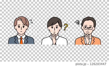 一組三個男人的臉部表情（商業場景）A2：困惑、擔憂、若有所思 126283447